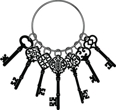 Vintage ornate keys hanging on a large metal ring silhouette representing security secrets solutions or mystery vector illustration