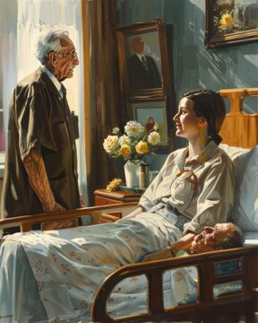 Elderly Man Visiting Woman in Hospital Bed.