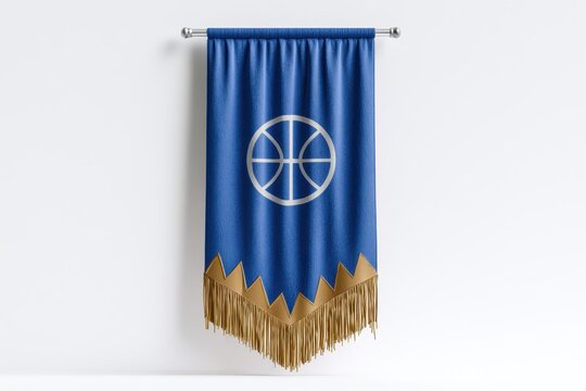 Blue fabric banner with a white basketball symbol and gold fringe, hanging on a metal rod against a plain white background