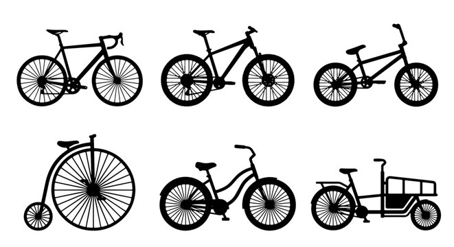 Diverse Bicycle Silhouettes Collection: Road, Mountain, Vintage, Cargo Bikes, Vector Icons