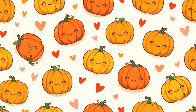 Seamless pattern with cute cartoon pumpkins and hearts.