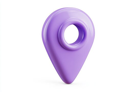 A glossy purple location pin icon with a circular hole in the center, representing navigation, gps, travel, and mapping, isolated on white background