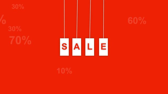Sale sign hanging on strings against red background with discount percentages