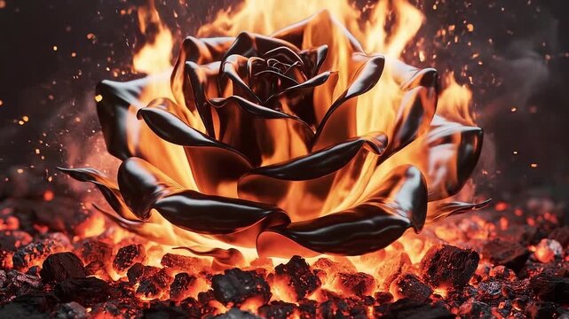 A beautiful dark metallic rose flower surrounded by bright intense orange flames and hot glowing coal embers
