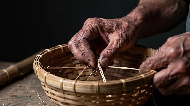 Hands Weaving Bamboo Basket In Workshop.