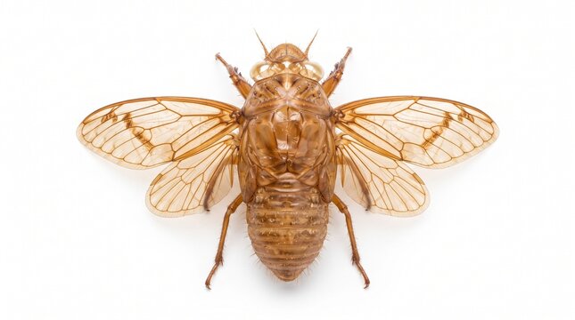 Detailed cicada exoskeleton showing delicate wings, segmented shell, and natural structure, useful for entomology, education, ecology, and nature design. Isolated on White background.