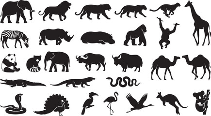 Obraz premium Set of wild animal silhouettes including elephant lion tiger monkey and giraffe with animal silhouette