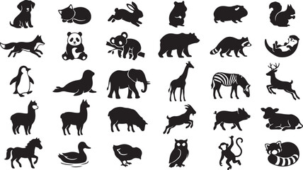 Fototapeta premium Collection of various domestic and wild animal silhouettes including dog cat rabbit and bird