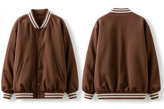 Front and back view of a blank brown varsity bomber jacket with striped collar and cuffs isolated on white background