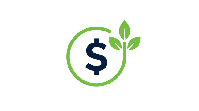 Green dollar symbol combined with sprouting leaves for sustainable finance and eco friendly investment branding concepts