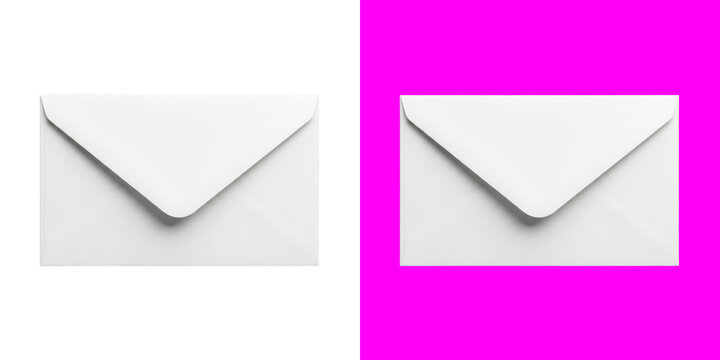 Dual blank paper envelopes on white and bright pink split color surface mockup transparent png