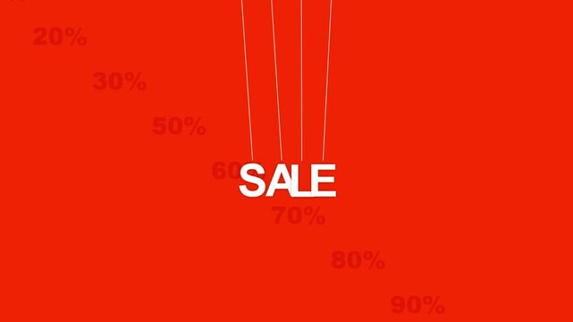 Animated red sale banner with swinging white letters against percentage numbers background