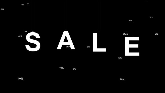 Sale text animation with hanging percentage numbers on a black background