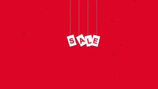 Sale sign hanging on white strings with red background motion graphic