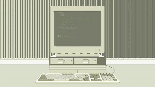 レトロPCとキーボードのアニメーション　架空のコード表示　正面視点　ループ