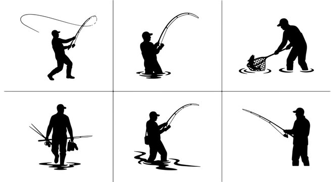 Fly Fishing Silhouettes: Angler Casting, Catching Fish, Riverbank, Outdoor Hobby Vector Set