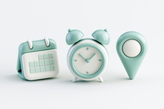 3d rendered icons of a calendar, alarm clock, and location pin isolated on white background