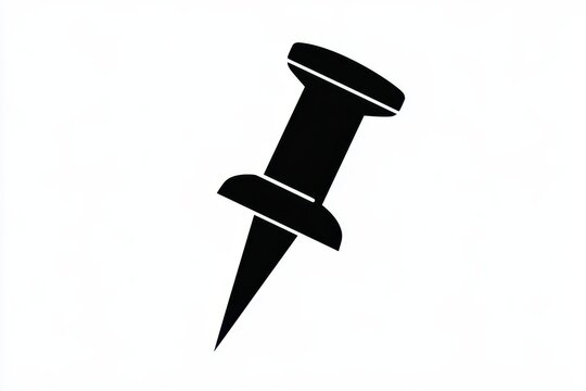 Black push pin icon, sharp office stationery tool for pinning notes and documents, simple vector graphic design, isolated on white background