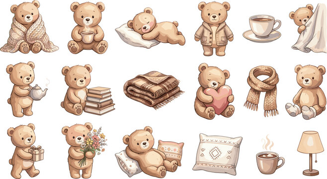 Cute cozy teddy bear clip art collection vector watercolor illustration with sleeping reading drinking coffee and heart elements