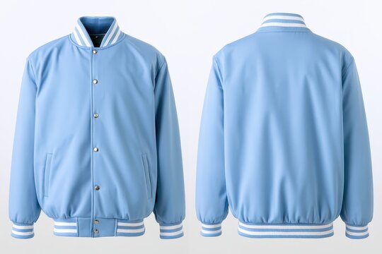 A light blue varsity bomber jacket with white striped trim, front and back view, isolated on white background