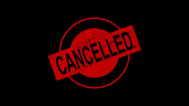 Cancelled red rubber stamp animation on black background, grunge style, warning sign for, business, events, and, legal documents