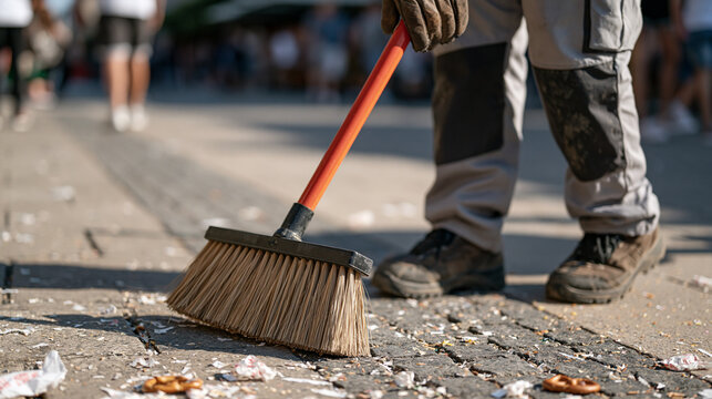 Oktoberfest street sweeper slowing pace on a busy Munich festival boulevard, worn leather gloves resting on the broom handle, confetti and pretzel wrappers on cobblestones, candid