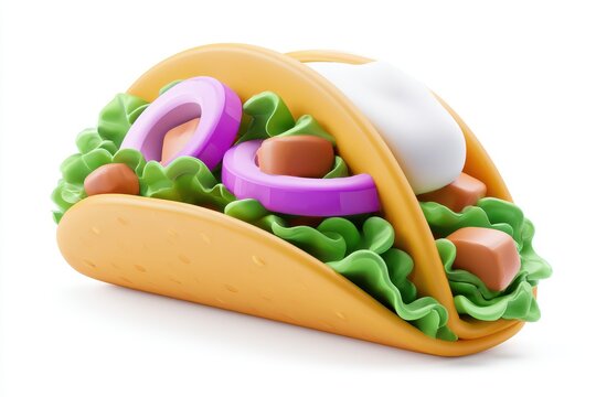 3d illustration of a delicious taco with lettuce, onion, and meat isolated on white background