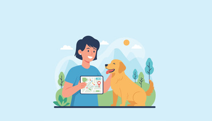 Fototapeta premium Young woman uses a tablet for GPS navigation while enjoying a peaceful walk with her golden retriever in a beautiful park.