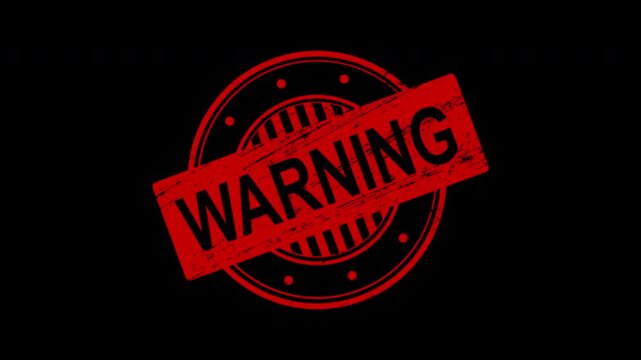 Red warning stamp animation on black background, caution alert symbol, for safety and, security notifications
