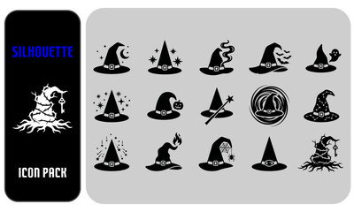 Fototapeta premium A collection of fifteen black and white witch hat icons for halloween design projects and magical themed graphics