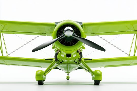 Front view of a bright lime green vintage biplane aircraft isolated on white background