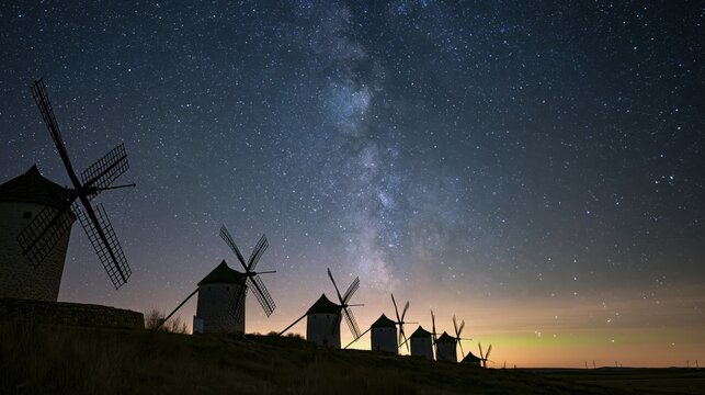 Traditional Windmills Silhouetted Under Milky Way Sky