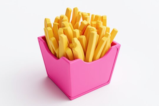 A container of crispy golden french fries served in a bright pink carton, isolated on white background