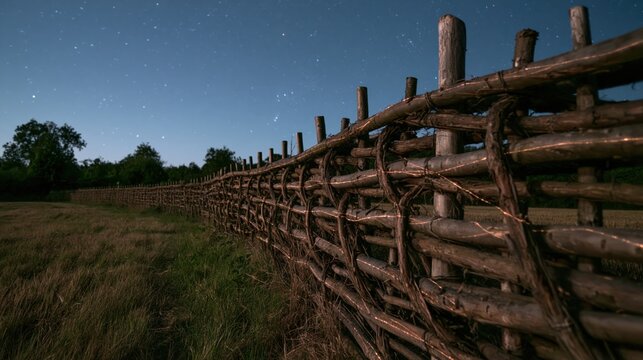 Rustic Woven Wooden Fence in Field Under Starry Sky