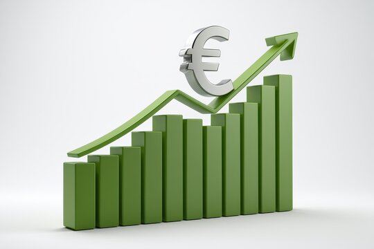 3d render of a green bar chart showing financial growth with a metallic euro symbol sign on top, isolated on white background
