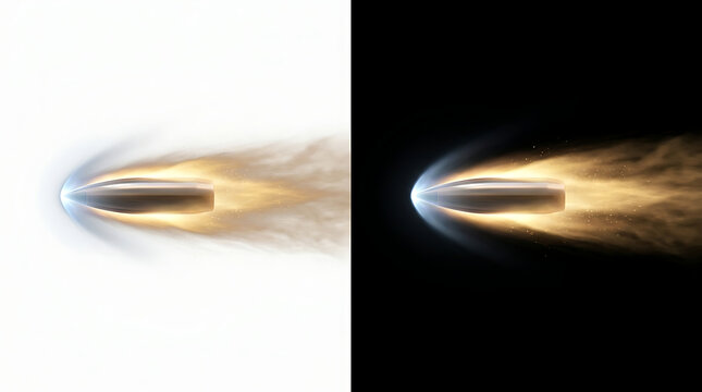 Fast bullet flying with orange fire trail and smoke motion