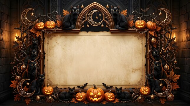 Halloween frame with black cats, pumpkins, and gothic ornaments