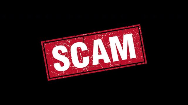 Scam red grunge rubber stamp motion on black background, for fraud alert, and security warning