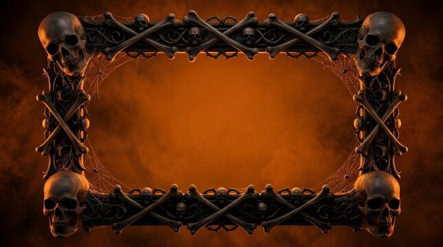 Dark gothic frame with realistic skulls and crossed bones on orange background