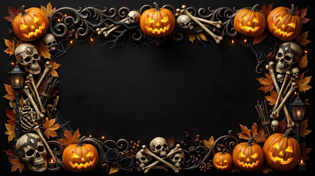 Halloween border frame with glowing jack-o'-lanterns and skulls