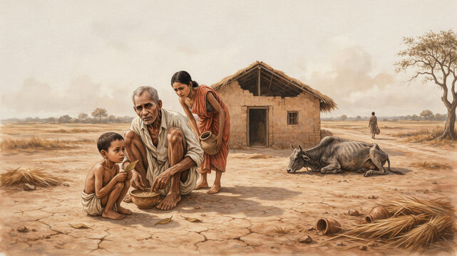 Rural family sitting on dry barren ground outside a small clay house
