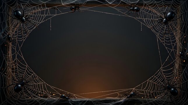Spooky Halloween border with intricate spiderwebs and black spiders