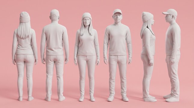 Male and female 3D character turnaround sheet on pink background. Front, side, back view reference
