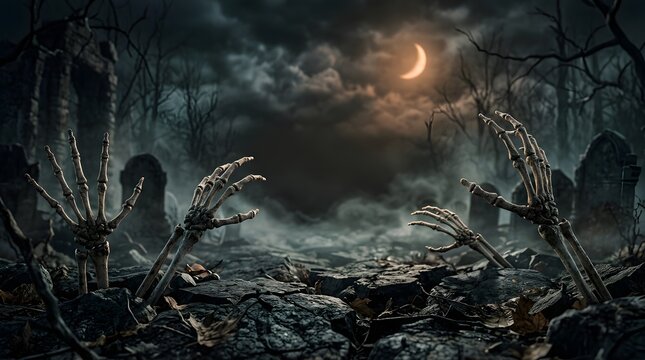 Skeleton hands emerging from a dark graveyard at night