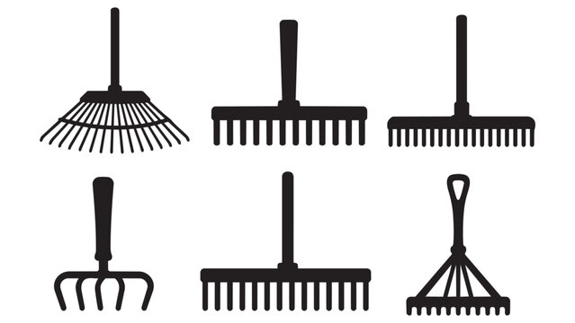Six types of garden rakes and cultivators flat illustration