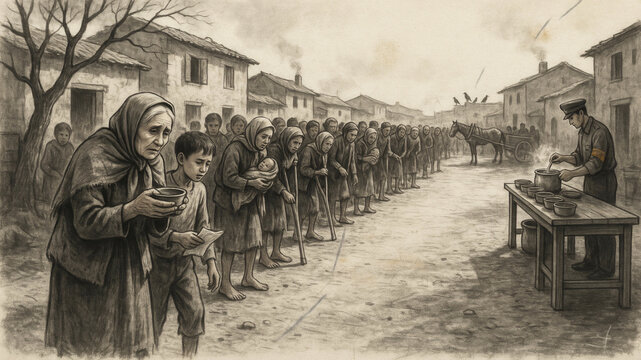People waiting in a long queue for food distribution in a village with hardship