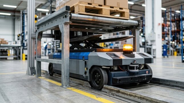 agv docking under a conveyor transfer station with amber beacon lights and pallet forks