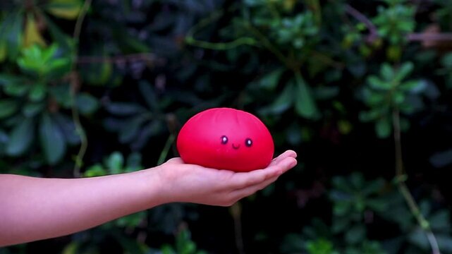 a soft red sensory toy with a funny face is held in a person's hands outdoors.