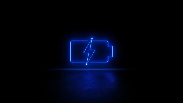 Neon glowing blue color with reflect Battery icon video animation. Neon lighting battery charge level video animation. Battery Charging icon animation. Battery sign motion.