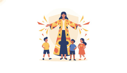 Fototapeta premium Protective woman acts as a guardian for a group of children, symbolizing safety, security, and communal support systems.